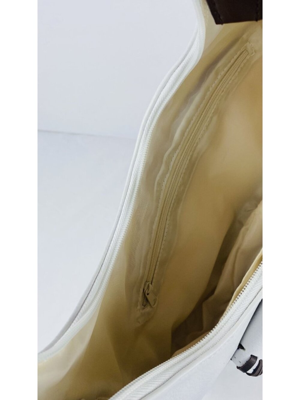VTG Minicci Hippie White Shoulder Crescent Shaped Bag W/ Chocolate Brown Whipsti - Picture 13 of 16